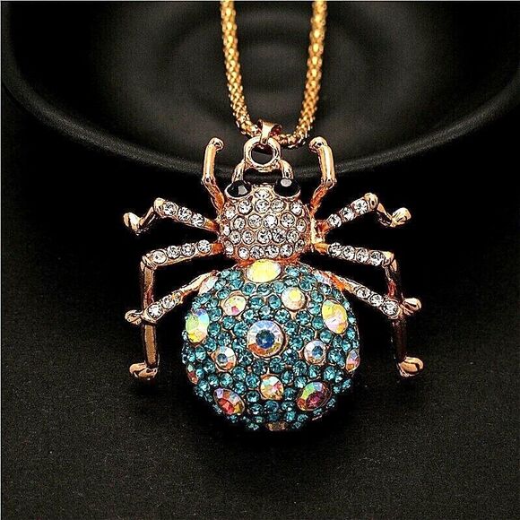 NEW Betsey Johnson Necklace Blue Rhinestone Spider Gold Chain NWT - Picture 4 of 10